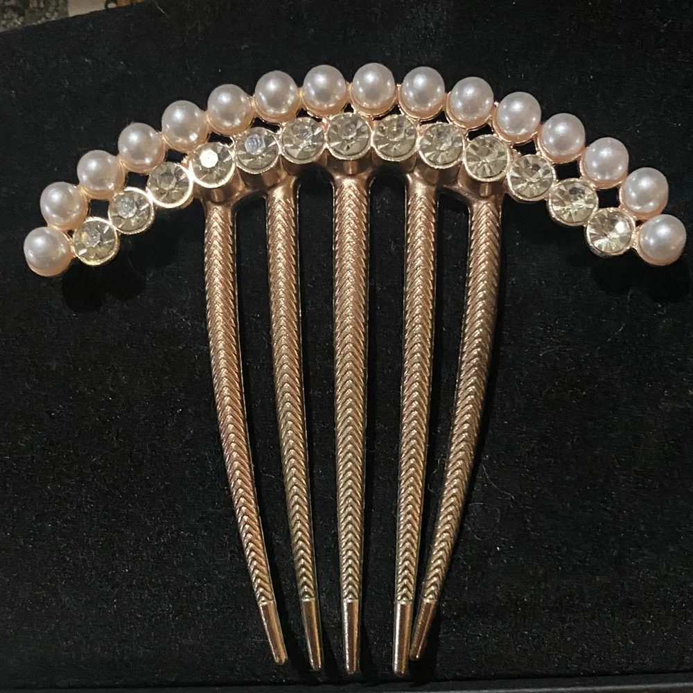 Faux Pearl & Crystal Rose Gold Metal Hair Comb - Women Accessories